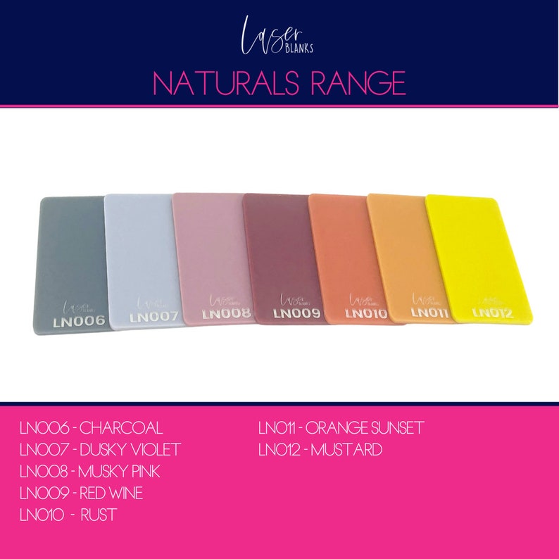 May include: A set of eight acrylic sheets in various natural colours, including charcoal, dusky violet, musky pink, red wine, rust, orange sunset, and mustard. The sheets are labelled with their corresponding colour names and codes, such as LN006-CHARCOAL and LN011-ORANGE SUNSET.