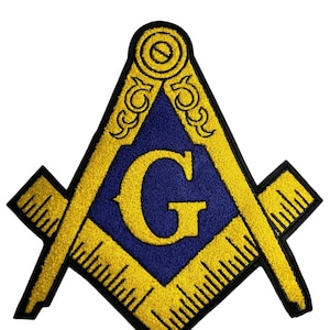 May include: A gold and blue Masonic symbol with a compass and square, and a letter G in the center.