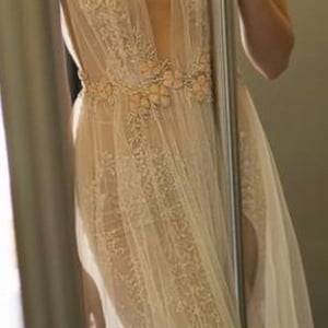 3D Flowers Wedding Dress, A-Line Style with V Neckline and Hand Beading, Champagne Wedding Dress with Polka Tulle Skirt, Modern style