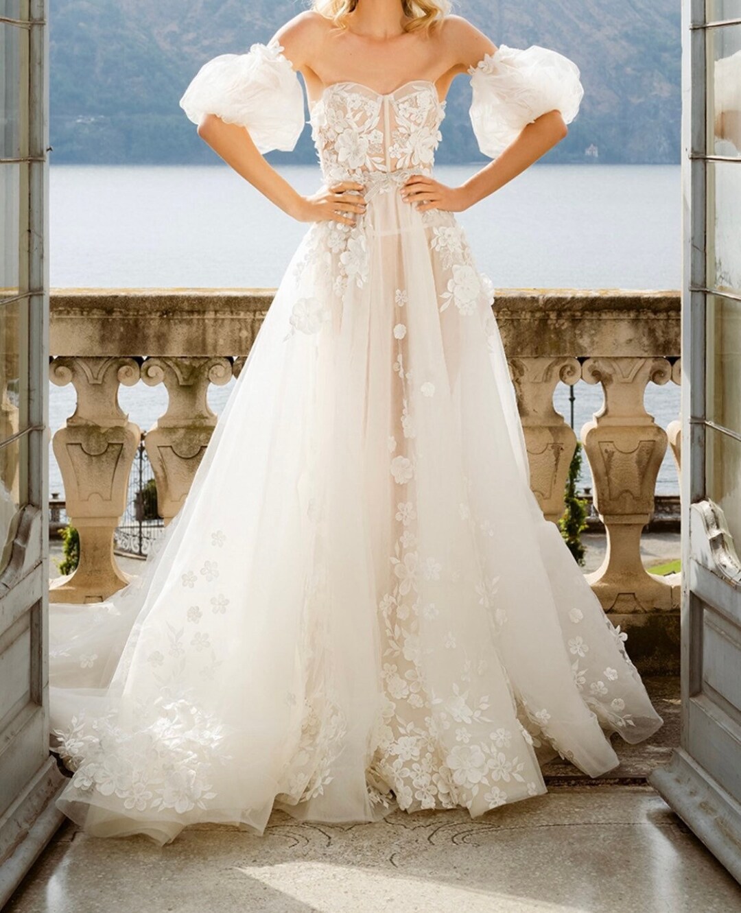 Embroidered Flowers Lace Wedding Dress, A Line, Bustier Bodice Corset Dress, Floor Length With