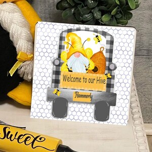 Welcome to Our Hive Square Gnome Personalized Vintage Truck Tiered Tray Hardboard Ornament Decor