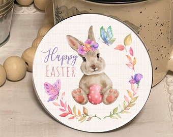 Happy Easter Bunny Butterflies Farmhouse Round Shaped Tiered Tray Hardboard Ornament Decor