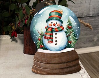 Cute Snowman Evergreens in a Snow Globe Shaped Tiered Tray Hardboard Ornament Decor