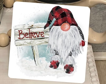 Believe Gnome with Sign or Let it Snow Snowman with Sign Farmhouse Square Shaped Tiered Tray Hardboard Ornament Decor