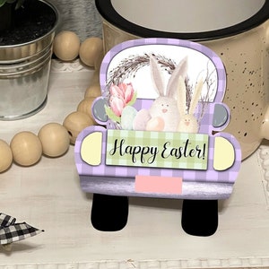 Purple Plaid Happy Easter Bunny Flowers Easter Eggs Vintage Truck Shaped Tiered Tray Hardboard Ornament Decor