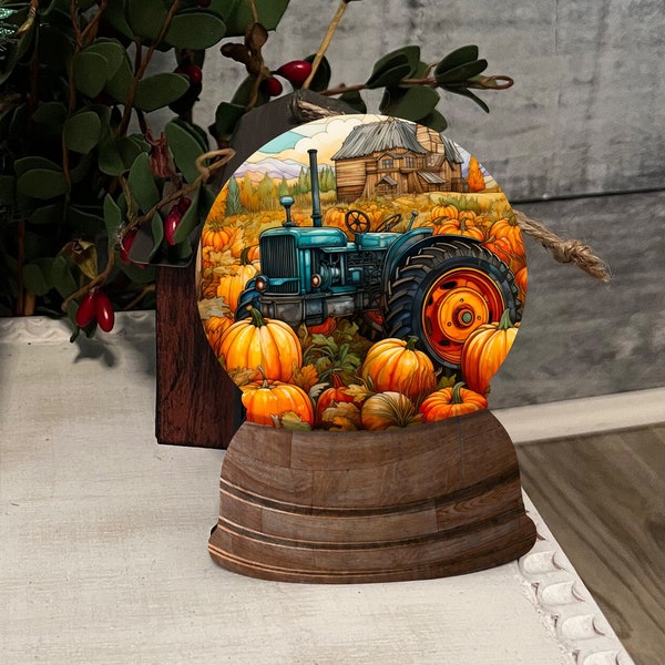 Pumpkin Farm Tractor Snow Globe Shaped Tiered Tray Hardboard Ornament Decor