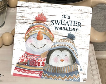 It's Sweater Weather Snowman and Penguin Farmhouse Square Shaped Tiered Tray Hardboard Ornament Decor