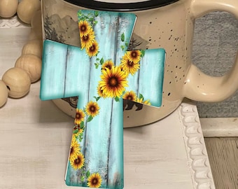 Teal Cross with Sunflowers Cross Shaped Tiered Tray Hardboard Ornament Decor