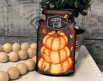 Happy Fall Stacked Pumpkins Milk Can Shaped Tiered Tray Hardboard Ornament Decor