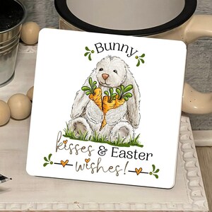 Bunny Kisses and Easter Wishes Cute Bunny with Carrots Square Shaped Tiered Tray Hardboard Ornament Decor