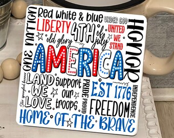 Patriotic Word Farmhouse Square Shaped Tiered Tray Hardboard Ornament Decor