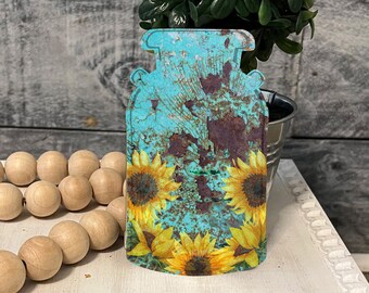 Teal Sunflower Milk Can Shaped Tiered Tray Hardboard Ornament Decor