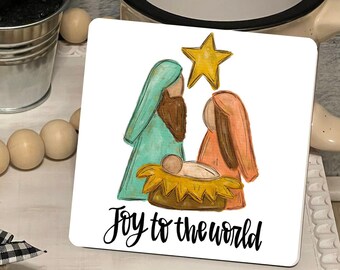 Joy to the World Nativity Manger Farmhouse Square Shaped Tiered Tray Hardboard Ornament Decor