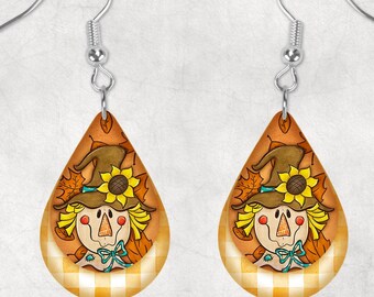 Scarecrow Plaid Teardrop Shaped Hardboard Lightweight Earrings