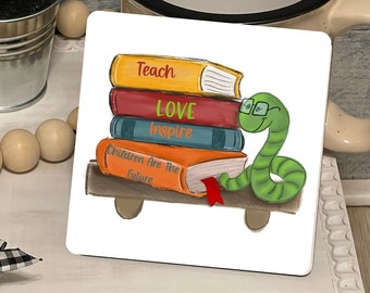 Children Are the Future or Teach Your Children Bookworm Books Farmhouse Square Shaped Tiered Tray Hardboard Ornament Decor