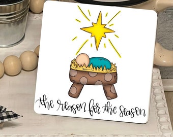 The Reason for the Season Baby Jesus Nativity Farmhouse Square Shaped Tiered Tray Hardboard Ornament Decor