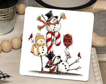 Snowman Party Birds Candy Canes Farmhouse Square Shaped Tiered Tray Hardboard Ornament Decor
