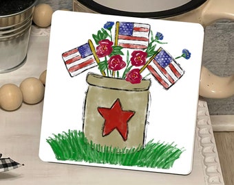 Patriotic Crock with American Flags Farmhouse Square Shaped Tiered Tray Hardboard Ornament Decor