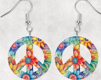 Floral Retro Peace Round Shaped Hardboard Lightweight Earrings