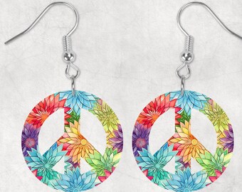 Dahlias Retro Peace Round Shaped Hardboard Lightweight Earrings
