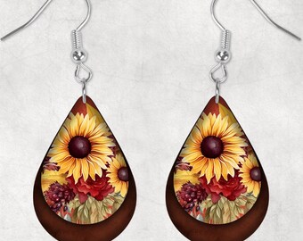 Fall Floral Teardrop Shaped Hardboard Lightweight Earrings