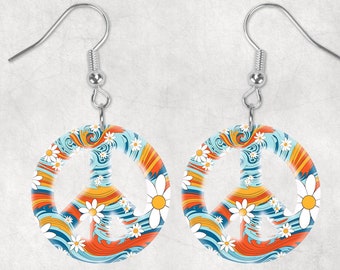 Retro Daisy Retro Peace Round Shaped Hardboard Lightweight Earrings