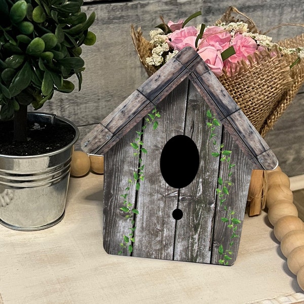 Birdhouse Vines Weathered Wood Look House Shaped Tiered Tray Hardboard Ornament Decor