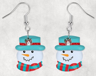 Teal Hat Birdhouse Teal and Red Scarf Snowman Head Shaped Hardboard Lightweight Earrings