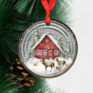Rustic Tin Lid Red Barn House Deer Snow Round Hardboard Ornament