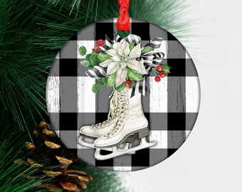 Plaid Ice Skates White Poinsettia Farmhouse Round Hardboard Ornament