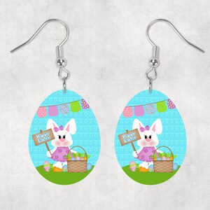 Bunny Happy Easter Teal Background Egg Shaped Hardboard Lightweight Earrings