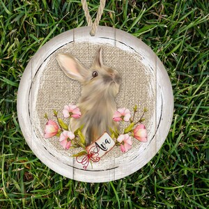 White Wood Burlap Bunny With or without Personalization Round Hardboard Ornament