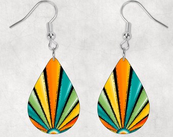 BoHo Rainbow Burst Teardrop Shaped Hardboard Lightweight Earrings