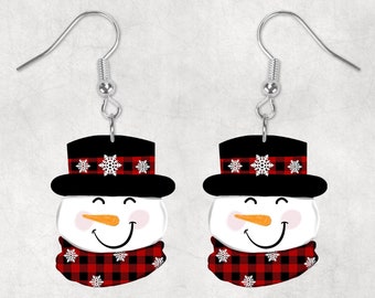 Snowman Head Snowflakes Red Scarf Snowman Head Shaped Hardboard Lightweight Earrings