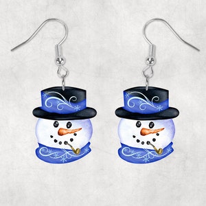 Snowman Head Snowflakes Blue Scarf Snowman Head Shaped Hardboard Lightweight Earrings