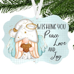 Wishing You Peace Love and Joy Angel Gnome Benelux Shaped Hardboard Ornament