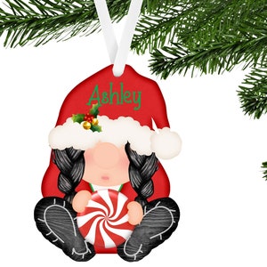 Girl Gnome with Black, Blonde, Brown or Red Braids Personalized or Not Personalized Santa Gnome Shaped Hardboard Ornament Decor