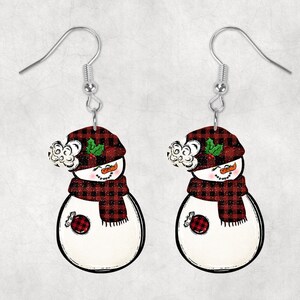 Plaid Holly Snowman with Beanie Shaped Hardboard Lightweight Earrings