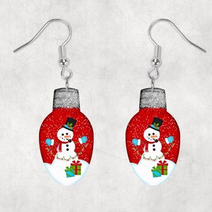 Snowman Presents Light Bulb Christmas Light Bulb Shaped Hardboard Lightweight Earrings