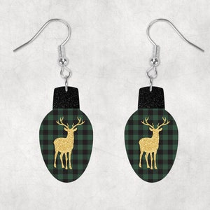 Green Plaid Deer Light Bulb Christmas Light Bulb Shaped Hardboard Lightweight Earrings