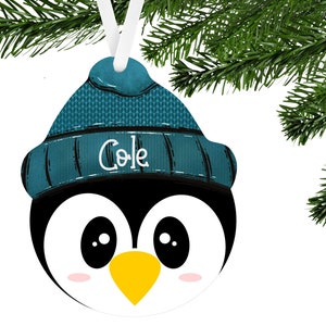 Teal, Purple, Teal and Purple Penguin Snowman Beanie Personalized or Not Personalized 2 Sizes Snowman Head Shaped Hardboard Ornament Decor