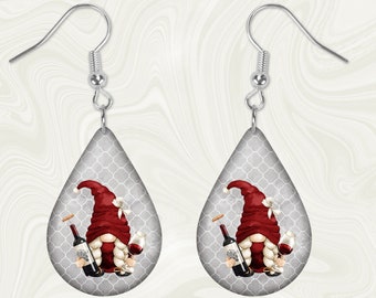 Wine Gnome Wine Glass Teardrop Shaped Hardboard Lightweight Earrings
