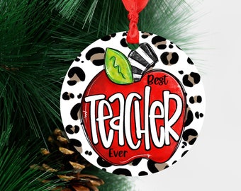 Best Teacher Ever Apple Leopard Print Round Hardboard Ornament