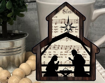 Nativity Church/School Shaped Tiered Tray Hardboard Ornament Decor