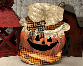 Scarecrow Jack O Lantern Straw Hat Flowers Snowman Head Shaped Hardboard Tiered Tray Ornament