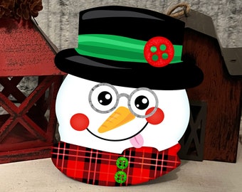 Mr. Snowman Head with Glasses Buttons Snowman Head Shaped Hardboard Tiered Tray Ornament