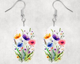Pretty Flowers Oval Shaped Hardboard Lightweight Earrings