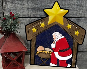 Santa and Baby Jesus Nativity Large or Small Nativity Manger Creche Shaped Tiered Tray Hardboard Ornament Decor