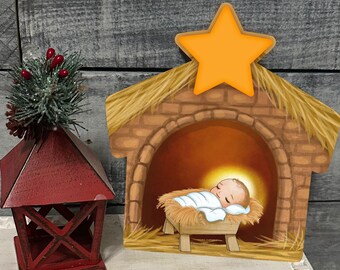 Baby Jesus Nativity Large or Small Nativity Manger Creche Shaped Tiered Tray Hardboard Ornament Decor