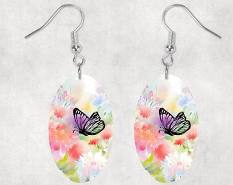 Flowers Black Silhouette Butterfly Oval Shaped Hardboard Lightweight Earrings